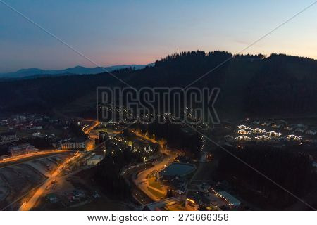 Bukovel, Ukraine - November 13, 2018: Aerial View Of Bukovel At Sunset. Carpathian Mountains