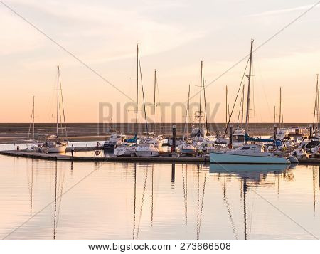 Olhao, Portugal - March 28, 2018: Port In Olhao, Algarve Region In South Of Portugal, At Sunset.
