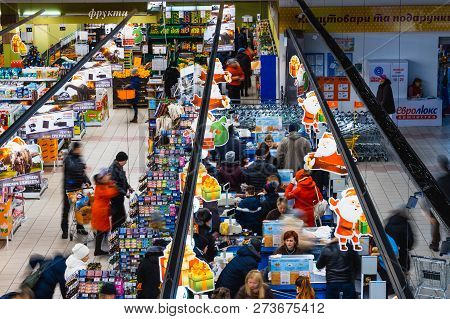 Kyiv, Ukraine - December 8, 2018: View From Above At Supermarket Varus At Kyiv, Ukraine On December 