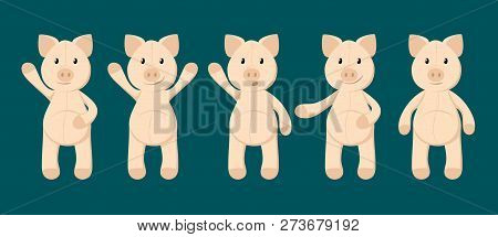 Vector Set Of Piglets In Different Poses. Cute Collection Toy Pigs.