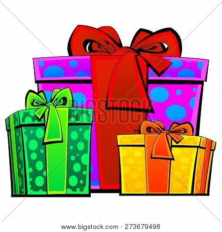 Gifts In Bright Boxes With Ribbons And Bows.