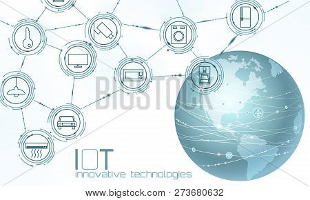 Planet Earth America Usa Continent Internet Of Things Innovation Technology Concept. Wireless Commun