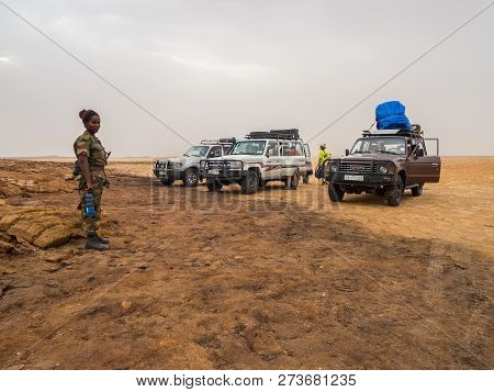 Danakil Depression, Ethiopia - June 29, 2016: People Traveling In Danakil Depression, Ethiopia, The 