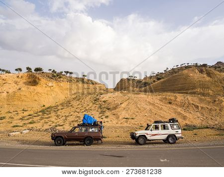 Danakil Depression, Ethiopia - June 29, 2016: People Traveling In Jeeps In Danakil Depression, Ethio