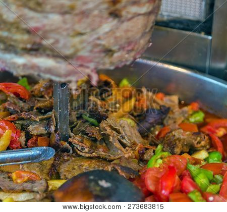 Istanbul Street Food Doner Kebab Made Of Meat Cooked On A Vertical Rotisserie. Traditional Turkish D