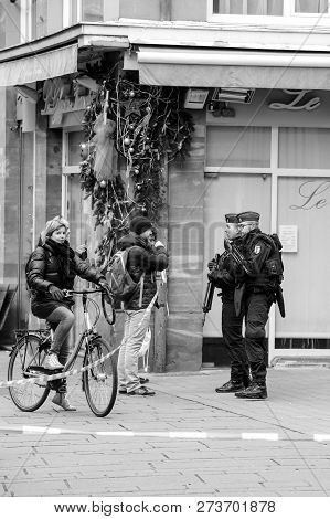 Strasbourg, France - Dec 11, 2018: French Police Officers Securing Rue Du Saumon Zone Of A Crime Sce