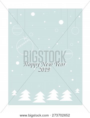 Christmas Card Vector 2019. Delicate Blue Background, Toys And White Christmas Tree. Congratulations