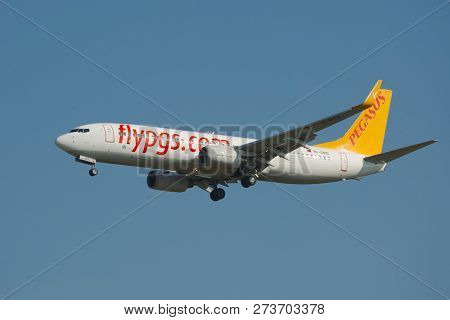 BUDAPEST, HUNGARY - MAY 7, 2015: Airliner of Pegasus Airlines landing at Budapest Liszt Ferenc Airport, May 7th 2015. Pegasus is a Turkish low-cost airline.
