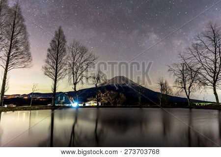 Mount Fuji Fujisan with Star and milkyway before sunrise