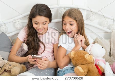 Capture Happy Moment. Girlish Leisure Happy Childhood. Girls With Smartphone Use Modern Technology. 