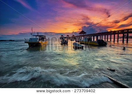 A Long Exposure Of A Stone Jetty Leading Into The Sea During Monsun Season, Tanjung Balau,johore,mal