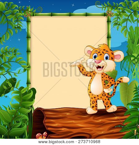 Cartoon Leopard Presenting On Hollow Log Near The Empty Framed Signboard