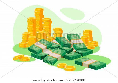 Isometric 3d Golden Coins, Cash, Wads Of Money. Concept Bank Storage, Saving A Lot Of Currency. Low 