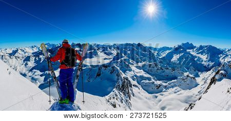 Skiing with amazing view of swiss famous mountains in beautiful winter snow of Mt Fort. The matterhorn and the Dent d'Herens. In the foreground the Grand Desert glacier.