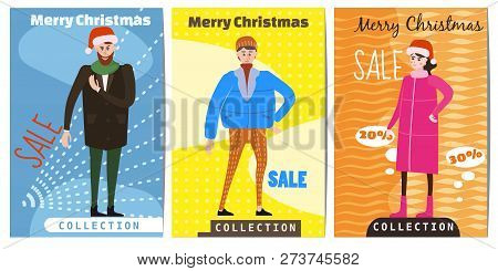 Set Of Winter Sale Cards With The Characters Of People, Men And Women In Winter Clothes, The Trend O