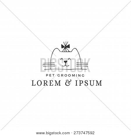 Vector Hand Drawn Logo Template For Pets Related Business. Head Of A Happy Cat. Illustration For Pet