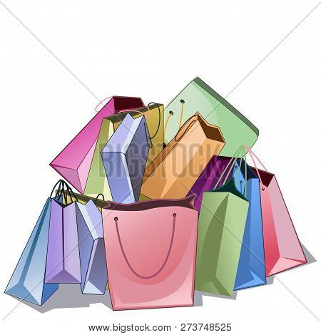 Bunch Of Shop Packs. Colored Pile Of Paper Shop Bags Over White Background.