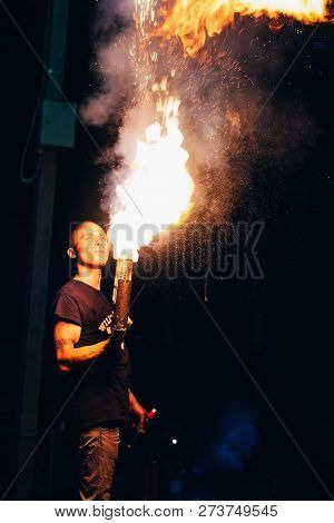 Vichuga, Russia - June 17, 2018: Fire Show, Fakir Man Makes The Night Presentation