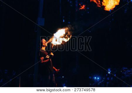 Vichuga, Russia - June 17, 2018: Fire Show, Fakir Man Makes The Night Presentation