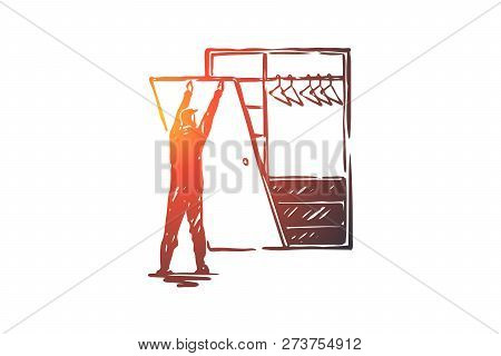 Custom, Built-in, Construction, Work, Create Concept. Hand Drawn Man Making Cupboard Concept Sketch.