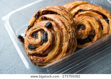 Danish Spiral Cinnamon Raisin Roll / German Pastry Schnecken In Plastic Box / Container.