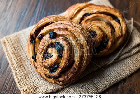 Danish Spiral Cinnamon Raisin Roll / German Pastry Schnecken On Sack.