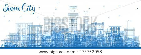 Outline Sioux City Iowa Skyline with Blue Buildings. Business Travel and Tourism Illustration with Historic Architecture. Sioux City Cityscape with Landmarks.