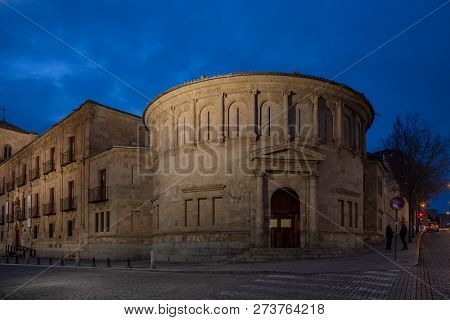 Salamanca, Spain; December 2018: Night View Of The Building That Houses The Hospederia Colegio Arzob