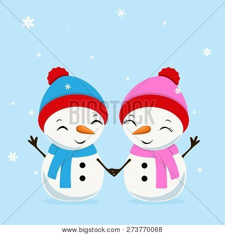 Little Cheerful Snowboy And Snowgirl. Greating Card