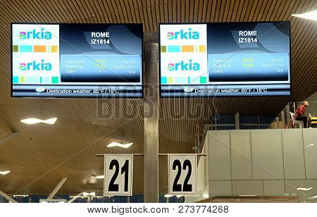Eilat, Israel - November 21, 2018: Board At The Check-in Desk At The New Ramon International Airport