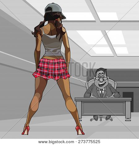 Cartoon Young Woman In A Short Skirt Stands Boldly In Front Of The Talking Director