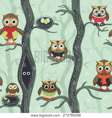 Owls On Tree Winter 1 Vector &amp; Photo (Free Trial) | Bigstock