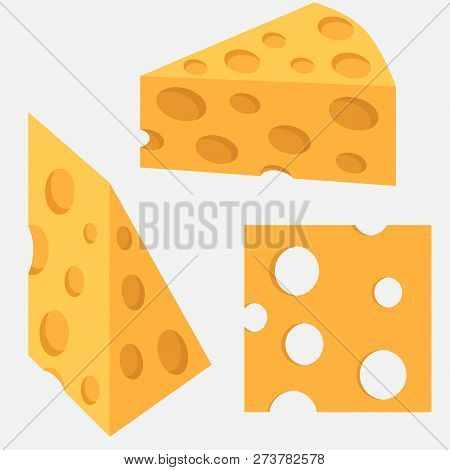Cheese. Vector Illustration Of Food, Pieces Of Cheese. Set Of Three Elements, Pieces, Objects.