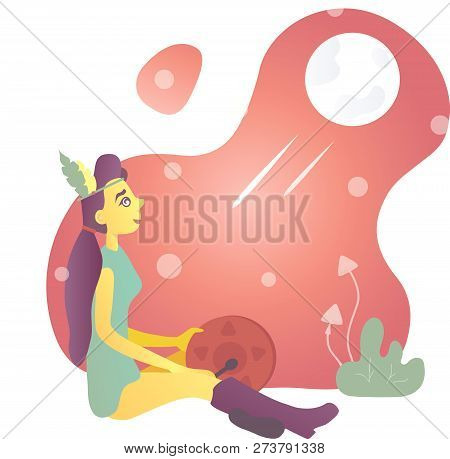 Beautiful Vector Illustration. Girl Shaman With A Tambourine In High Boots Watching The Moon And Sta