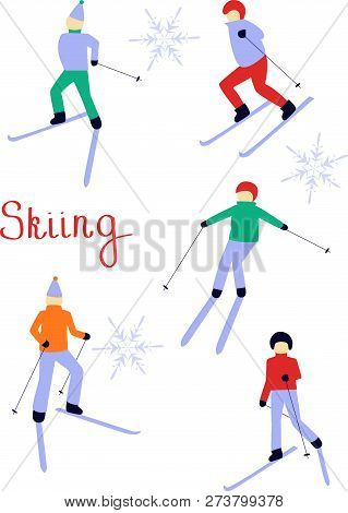 Drawing Of Skiing People. Christmas Illustration. Winter Sports.