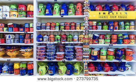 Prague, Czech Republic - May 16: Colorful Enamelware At The Souvenir Counter Of The Gift Shop In Pra