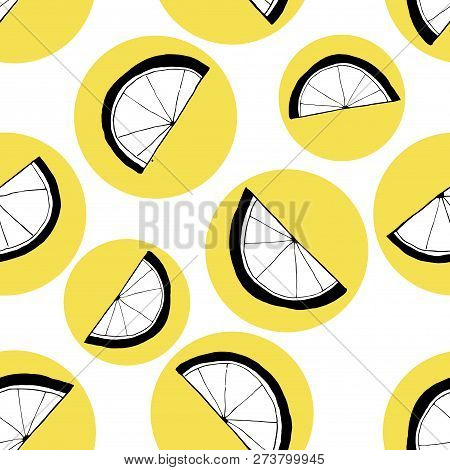 Seamless Pattern With Doodle Lemons On Yellow Circles. Art Can Be Used Fow Backgrounds, Posters, Pos