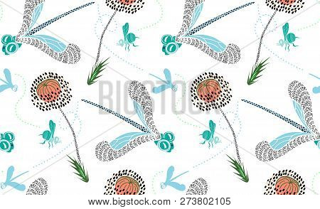 Seamless Pattern With Cute Hand Drawn Dragonfly, Bee And Poppies. Pastel With Black And White Elemen