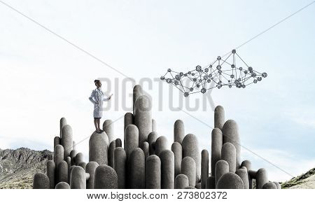 Young Female Doctor With Folder In Hands Satnding On Stone Column. 3d Rendering