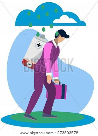 Metaphor Of Man Fatigue, Businessman Overwork In Minimalist Style. Cartoon Vector