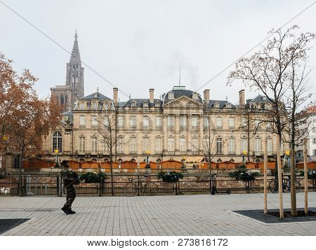 Strasbourg, France - Dec 11, 2018: Police Officers Vigipirates Armed Surveilling Street With Rohan P