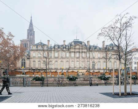 Strasbourg, France - Dec 11, 2018: Police Officers Vigipirates Armed Surveilling Street With Rohan P