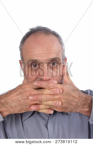 Man With Hands On The Mouth On White