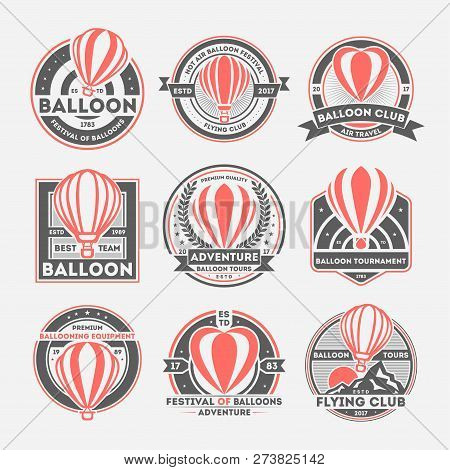 Balloon Vintage Isolated Label Set. Balloon Federation Symbol. Flying Club Logo. Hot Air Balloon Fes