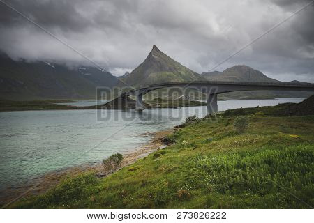 Famous Architecture Of Bridge In Fredvang, Lofoten Islands, Norway.