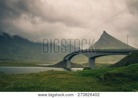 Famous Architecture Of Bridge In Fredvang, Lofoten Islands, Norway.