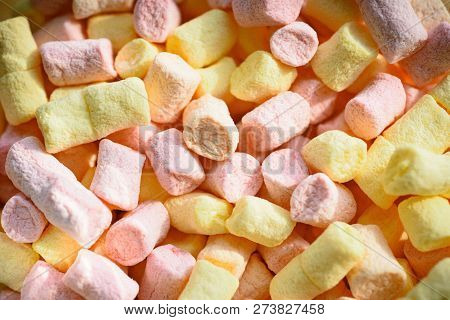 Unhealthy Junk Food. Colorful Mini Marshmallow Background Or Texture. Marshmallow Souffle With Sweet