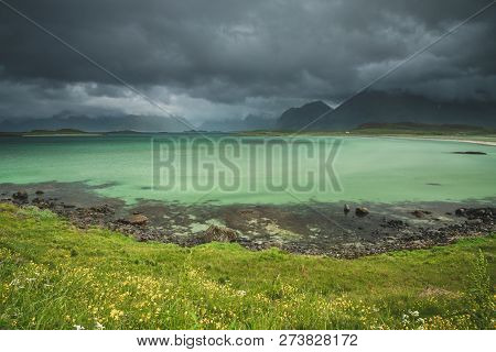 Sandbotnen Bay Near Fredvang, Lofoten Island, Norway.