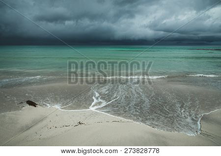Beautiful Beach Skagsanden In Flakstad, Lofoten Islands In Norway In Summer Time.