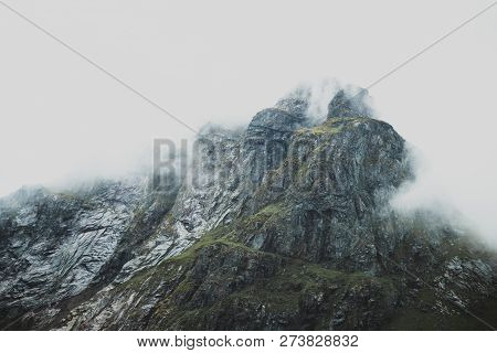 View On The Mountains Around Flakstad Village, Noregian Lofoten Islands.